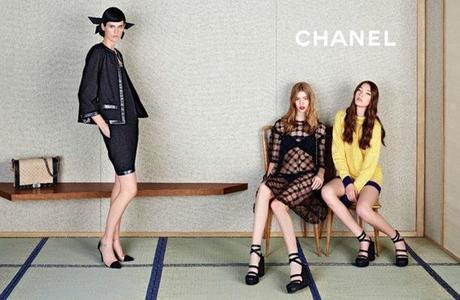 Chanel Model: Yumi Lambert, Stella Tennant + Ondria Hardin Photographer: Karl Lagerfeld Spring Summer 2013 Ad Campaign Bow Dark Denim Skirt Suit Cap Toe Clear Heels See Through Croche Dress Cover Up Bikini Yellow Knit Sweater Strappy Wedge Platform Sandals