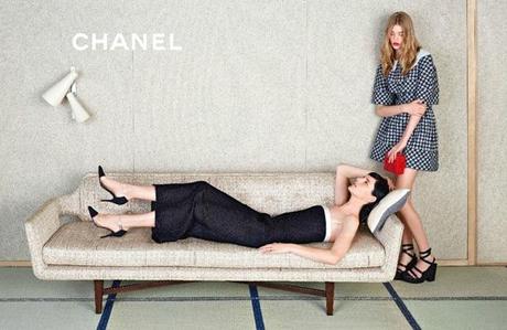 Chanel Model: Yumi Lambert, Stella Tennant + Ondria Hardin Photographer: Karl Lagerfeld Spring Summer 2013 Ad Campaign Strapless Dark DenimBcoule Dress Clear Transparent Cap Toe Heels Gingham Volume Dress Red Small Quilted Chain Bag