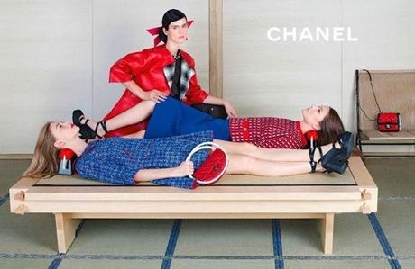 Chanel Model: Yumi Lambert, Stella Tennant + Ondria Hardin Photographer: Karl Lagerfeld Spring Summer 2013 Ad Campaign Bow Red Shiny Minimal Coat Mod Red White Blue Boucle Tweed Suit Top Platform Sandals Small Quilted Bag Hoop Bag