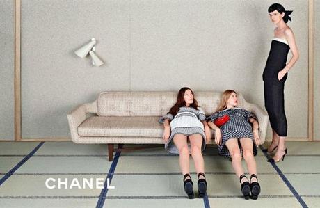 Chanel Model: Yumi Lambert, Stella Tennant + Ondria Hardin Photographer: Karl Lagerfeld Spring Summer 2013 Ad Campaign Gingham Milk Maid Dresses Platform Sandals Rec Quilted Small Bag Strapless Jumper Dress Bow Hair