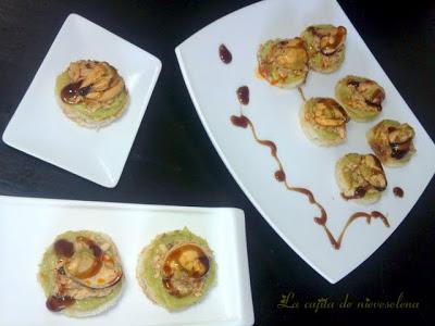 Pastelitos de guacamole y mejillón al Pedro Ximénez