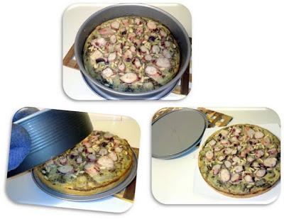 Coca de morcilla encebollada y pulpo con piñones