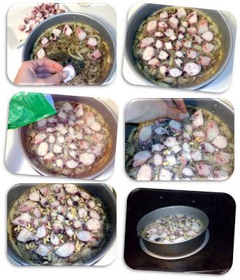 Coca de morcilla encebollada y pulpo con piñones