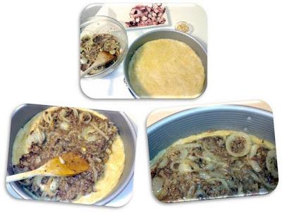 Coca de morcilla encebollada y pulpo con piñones