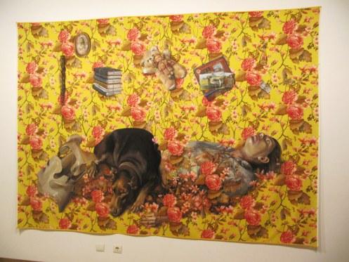 Moña: nombre cariñoso con el que me llamaba mi abuela Gregoria cuando estábamos vivas. Crímenes sexuales.Técnica mixta sobre tela.204x285 cm.