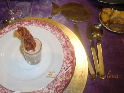 Chupito de lentejas con crujiente de jamón