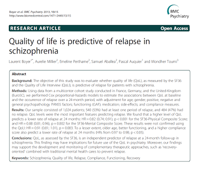 La calidad de vida es predictiva de recaída en esquizofrenia - Boyer y col.