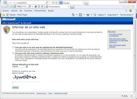 Smart Screen informar de un sitio web  phishing software malintencionado