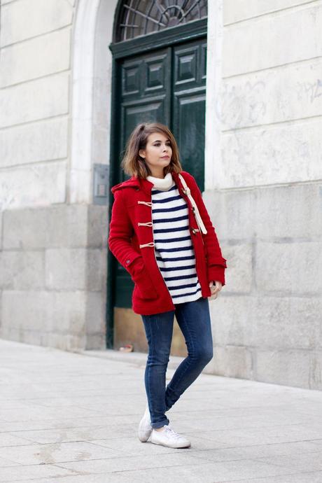 Duffle Coat & Striped Sweater