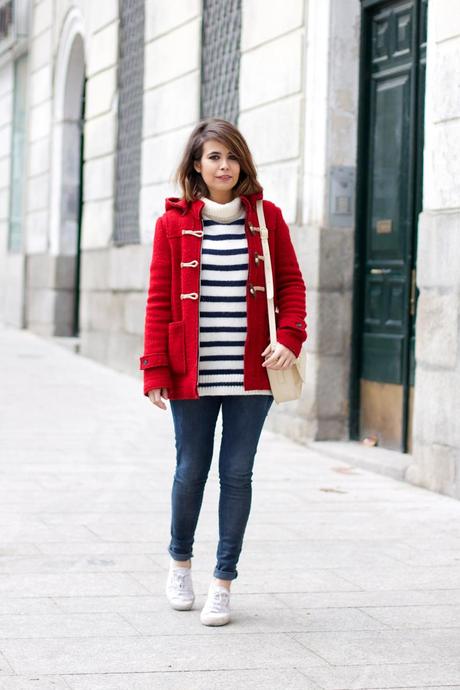 Duffle Coat & Striped Sweater