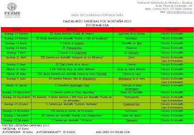 Calendario de carreras por montaña 2013 en Extremadura FEXME