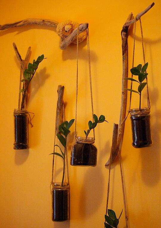 Plantas colgantes con botes de cristal reciclados