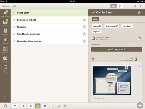 Pantalla de Nozbe en el iPad