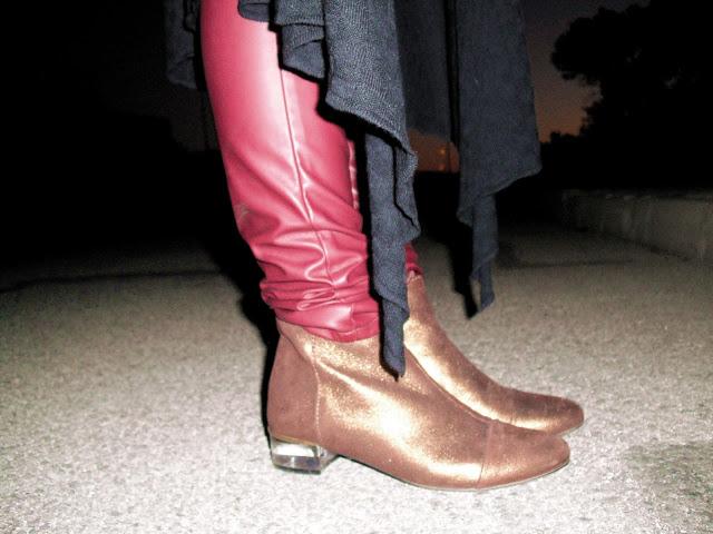Golden booties+Leatherette pants.