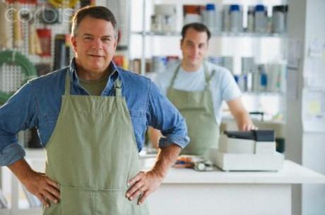 USA, New Jersey, Jersey City, Portrait of hardware shop owner and assistant