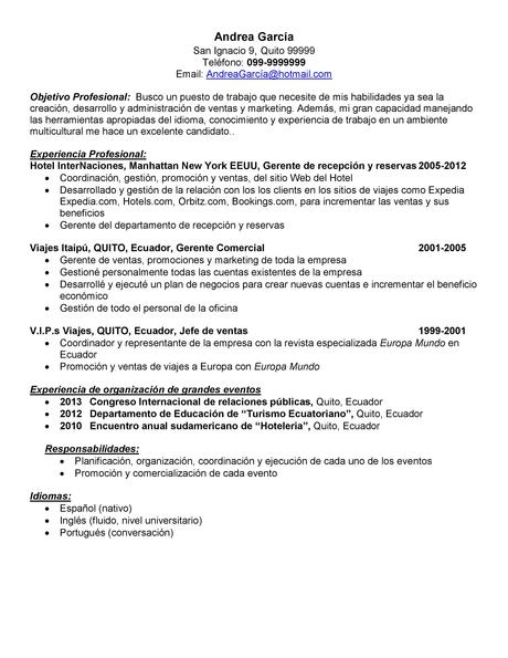 Cv Promotor de ventas Hoteleria page 001 Demo de: Currículum vitae para promotor de ventas