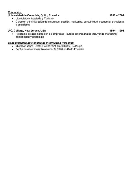 Cv Promotor de ventas Hoteleria page 002 Demo de: Currículum vitae para promotor de ventas