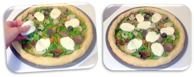 Rolling pizza pesto con setas y rúcula