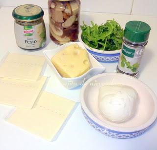 Rolling pizza pesto con setas y rúcula