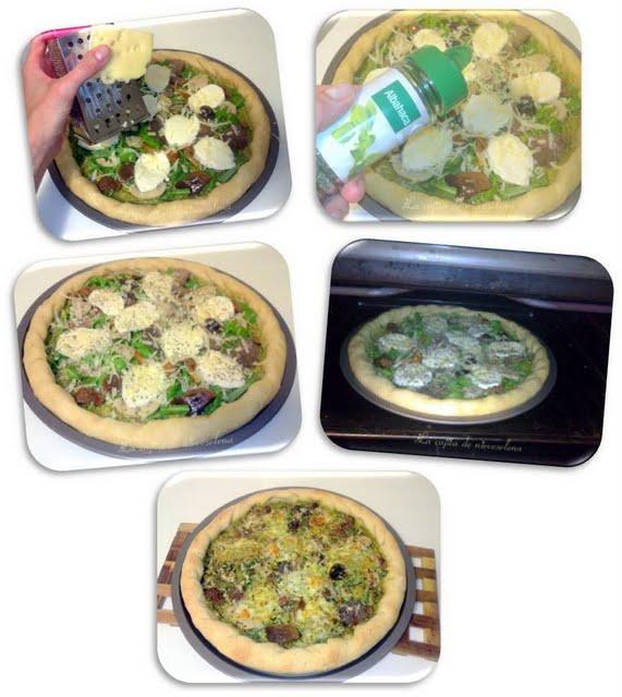 Rolling pizza pesto con setas y rúcula