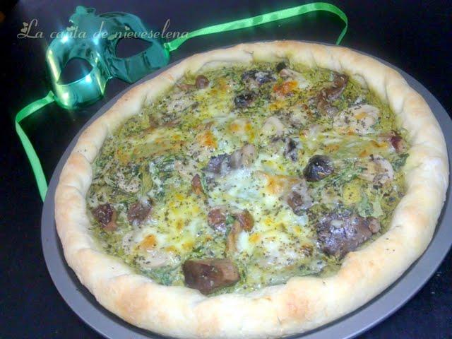 Rolling pizza pesto con setas y rúcula