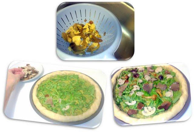 Rolling pizza pesto con setas y rúcula