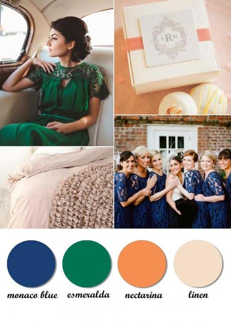 Colourboard. Pantone 2013. Monaco blue, emerald, nectarine, linen