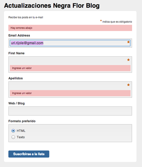 Datos a rellenar para la suscripción al blog