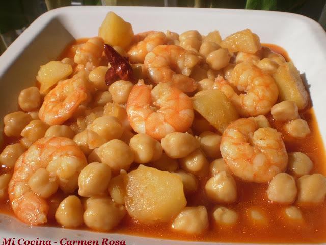 POTAJE DE GARBANZOS CON LANGOSTINOS AL PIL PIL
