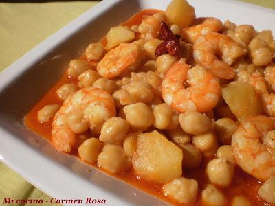 POTAJE DE GARBANZOS CON LANGOSTINOS AL PIL PIL