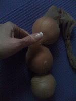 Separa las cebollas dentro del panty con una goma elástica