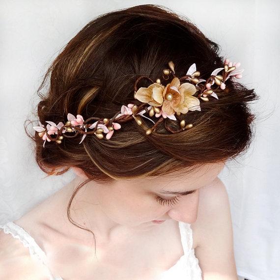 pink flower hair circlet, gold flower hair accessory, wedding flower headpiece, flower hair wreath - SERAPHIM - wedding hair accessories