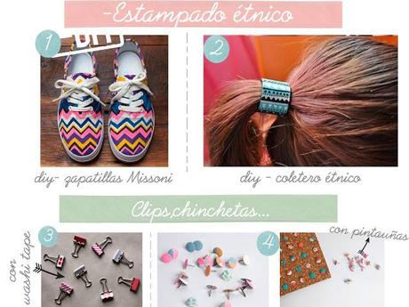 diy - zapatillas, coletero étnico, chinchetas y clips con washi tape