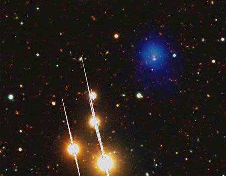 The optical image that confirmed that 2XMM J083026+524133 is a distant cluster of galaxies, taken by the Large Binocular Telescope in Arizona.