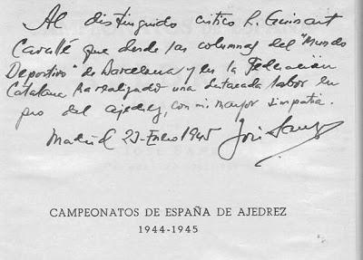 Dedicatoria de José Sanz a Ricardo Guinart Cavallé en el libro Campeonatos de España de Ajedrez 1944-1945 de José Sanz