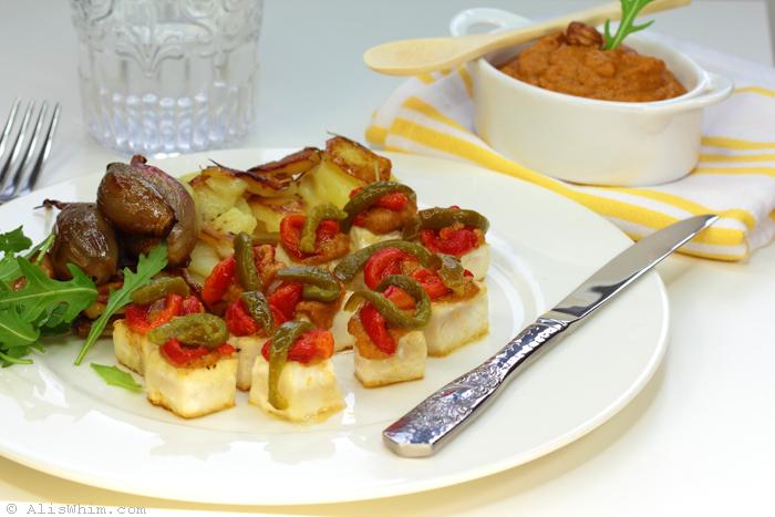 swordfish cubes with romesco and roasted pepper