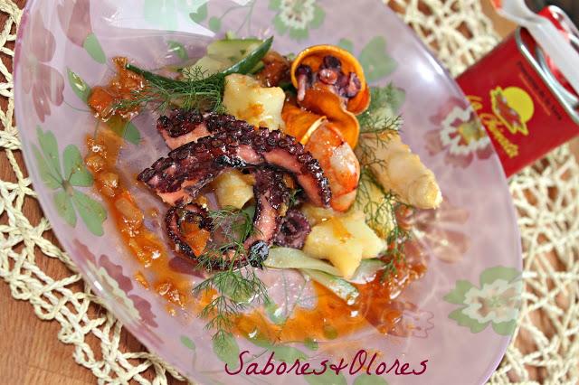 SALTEADO DE PULPO Y LANGOSTINOS EN CRUJIENTE DE BATATA   AL AROMA LA CHINATA