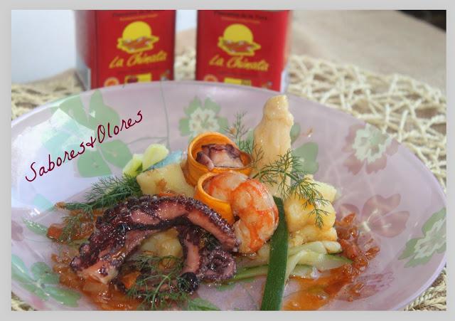 SALTEADO DE PULPO Y LANGOSTINOS EN CRUJIENTE DE BATATA   AL AROMA LA CHINATA