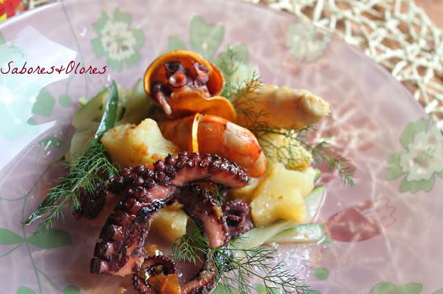 SALTEADO DE PULPO Y LANGOSTINOS EN CRUJIENTE DE BATATA   AL AROMA LA CHINATA