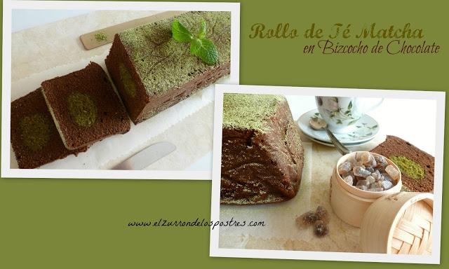 Rollo de Té Matcha en Bizcocho de Chocolate