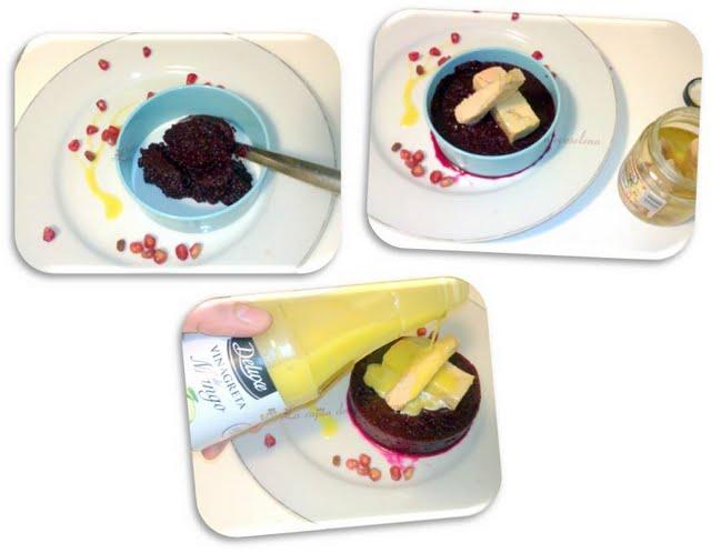 Pastel de remolacha y tronquitos de bonito con vinagreta de mango