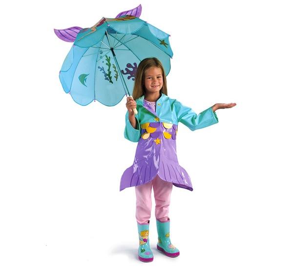 chubasquero niña en forma de sirena con paraguas y botas de agua a juego