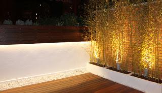 Un jardín en el ático con iluminación