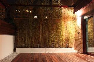 Un jardín en el ático con iluminación