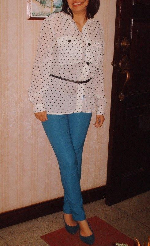 polka blouse and blue pants