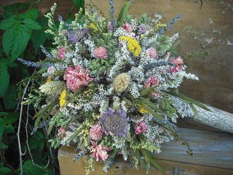Dried flower and Herb Bride's  bouquet with Birch holder. Custom made in your colors. For your woodland, rustic, summer or fall wedding.
