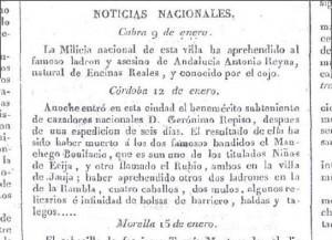 El Universal del 30 de enero de 1823 habla de la captura de 