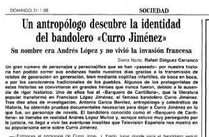 Detalle del ABC en su edición de Sevilla, del día 31 de enero de 1988, en la que un antropologo dice haber descubierta la verdadera identidad de Curro Jimenez