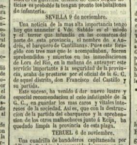 Detalle de la noticia en la que se anuncia la muerte del barquero de Cantillana. El observador, 13 de noviembre de 1849.