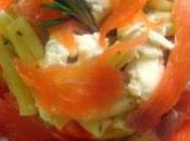Timbal pasta salmón, verduras queso cabra